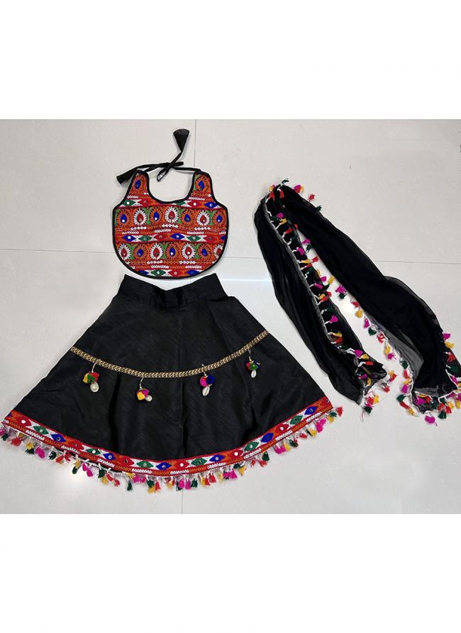 Art Silk Black Navratri Wear Kutchi Work Readymade Kids Lehenga Choli